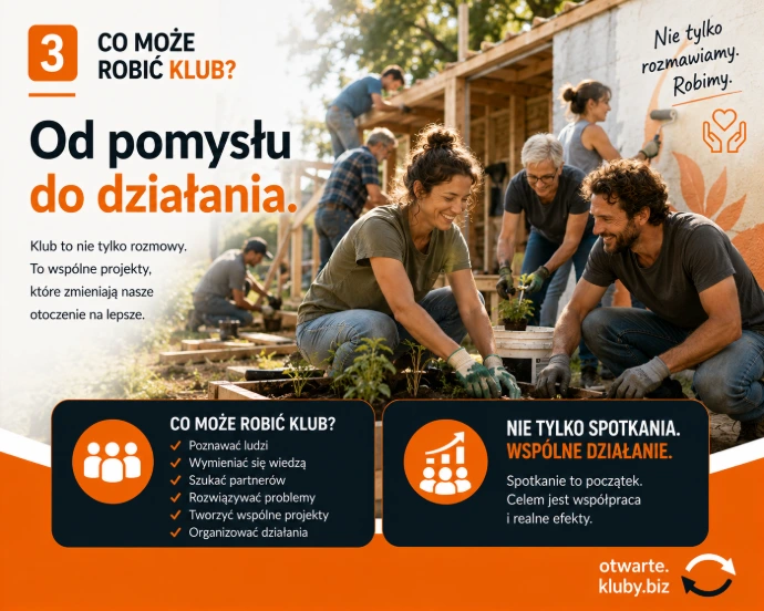 Uczestnicy klubu wspólnie pracują przy projekcie lokalnym, zamieniając pomysł w konkretne działanie.